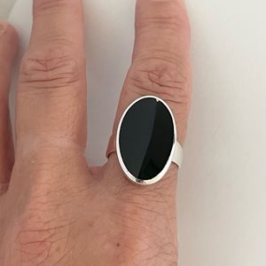 Simple Oval Black Onyx Sterling Silver Band Ring, Black Agata Ring